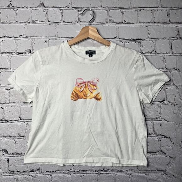 Originality 100% Cotton Parisian Coquette Croissant Bow Print Crop Top Size Med - Picture 1 of 9